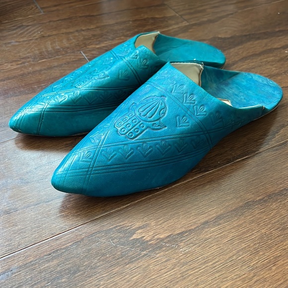 Teal Vrai Cuir Moroccan Hamsa Hand Mules handmade slipper size 7/8 - Picture 2 of 5